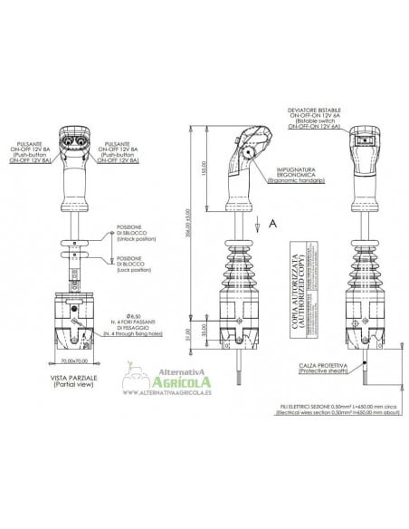 Joystick de 2 pulsadores con palanca 4 funciones para sirgas con bloqueo