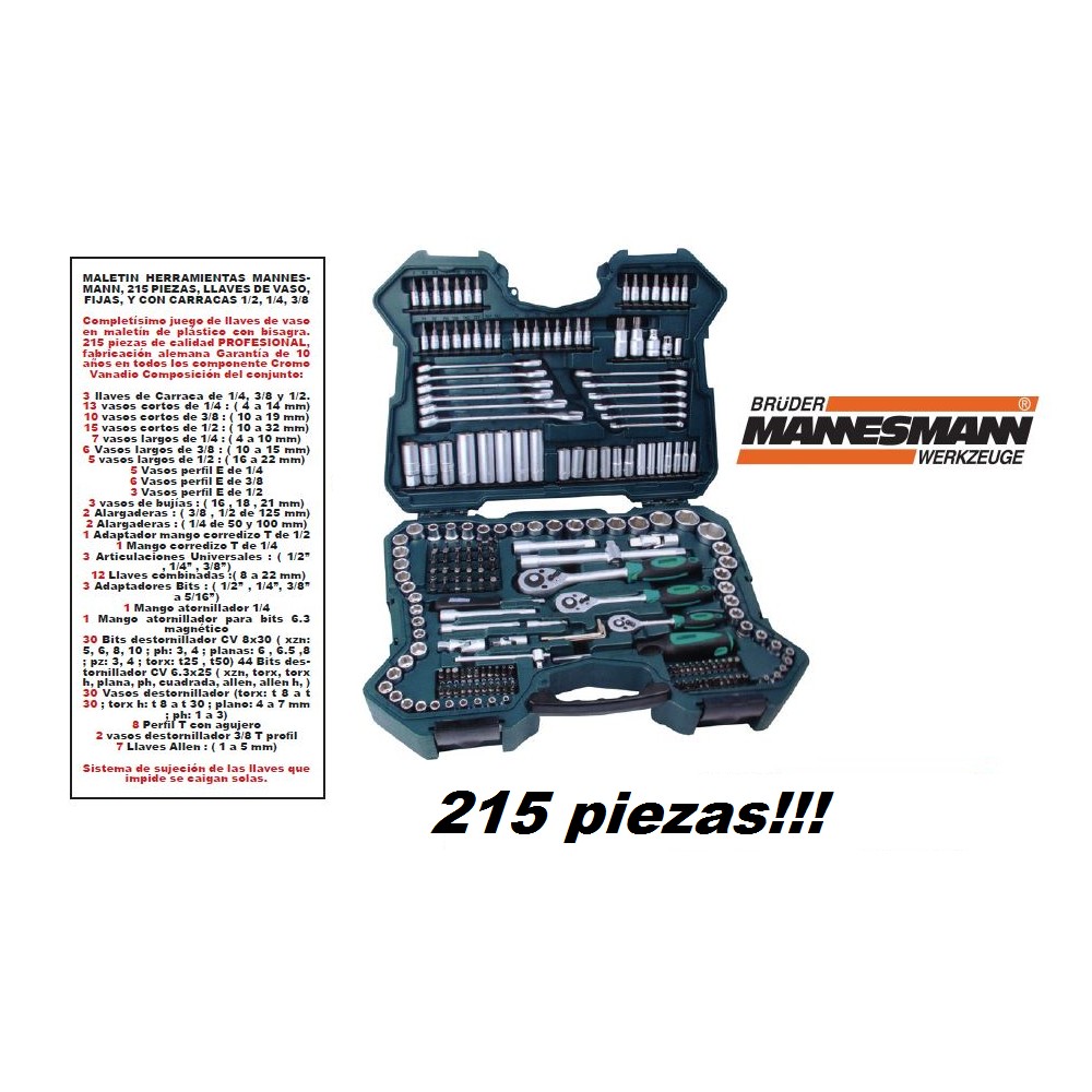 Maletín herramientas 215 piezas Mannesman venta oferta compra llaves vasos  mixtas