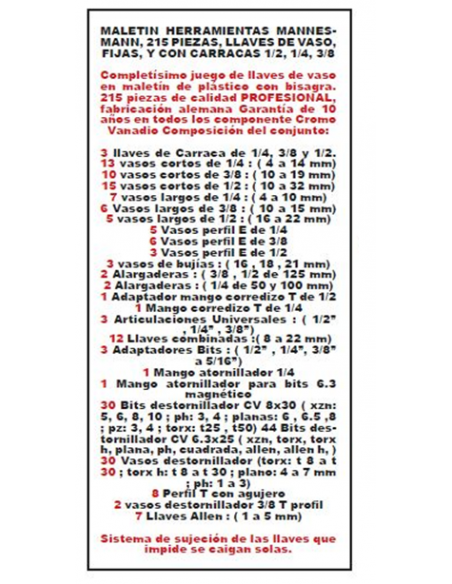Maletín herramientas 215 piezas Mannesman
