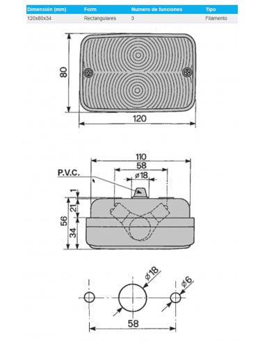 PILOTO TRASERO IZQUIERDO / DERECHO - 120 x 80 x 34 mm
