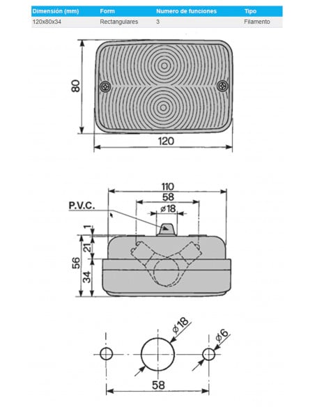 PILOTO TRASERO IZQUIERDO / DERECHO - 120 x 80 x 34 mm