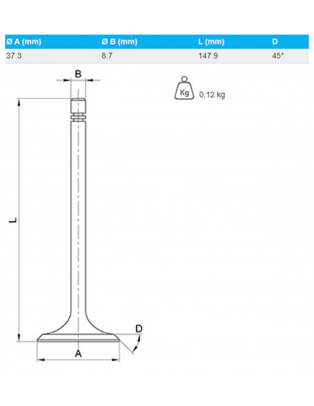 VÁLVULA DE ADMISIÓN Ø 37.3 X 8.7 MM - L 147.9 MM - 45°