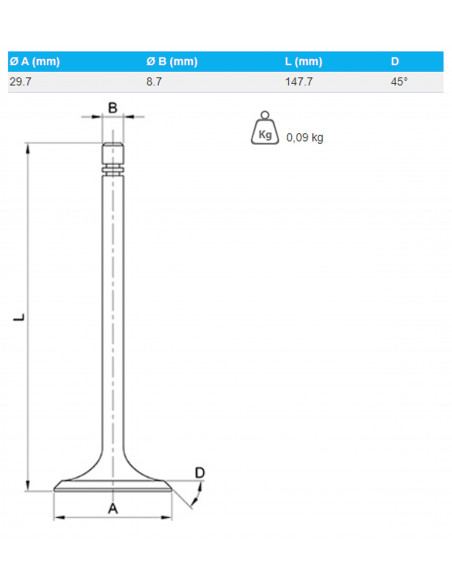 VÁLVULA DE ESCAPE Ø 29.7 X 8.7 MM - L 147.7 MM - 45°