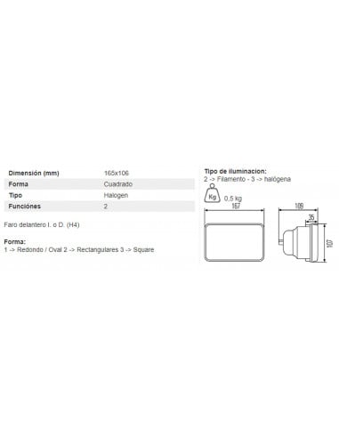 Óptica faro delantero con lámpara H4 tractor Case, John Deere (comprobar info)