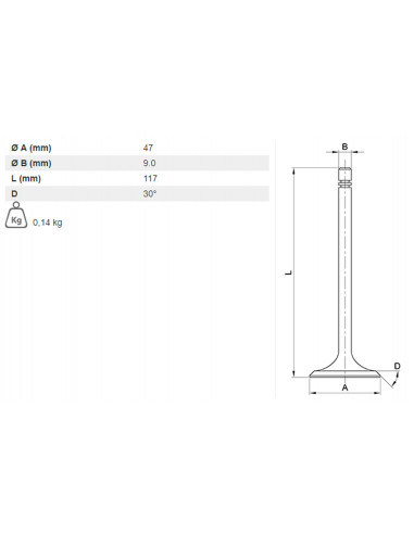 VÁLVULA DE ADMISIÓN Ø 47 X 9 MM - L 117 MM - 30°