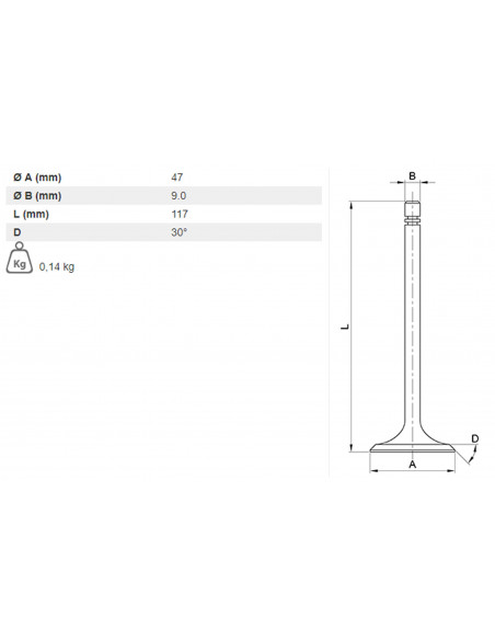 VÁLVULA DE ADMISIÓN Ø 47 X 9 MM - L 117 MM - 30°