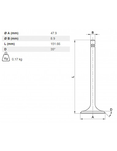 VÁLVULA DE ADMISIÓN Ø 47.9 X 8.9 MM - L 151.66 MM - 35°