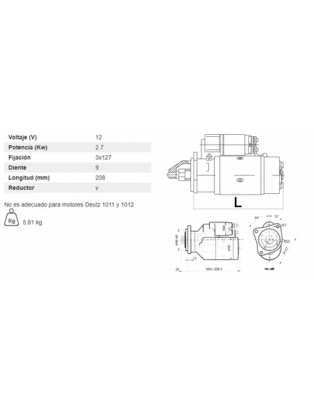 MOTOR DE ARRANQUE CON REDUCTOR 12V - 2,7 KW