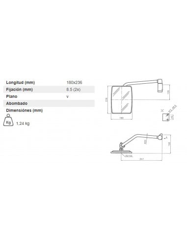 Espejo retrovisor 236 x 180 mm con soporte varilla Ø 20 mm plano derecho