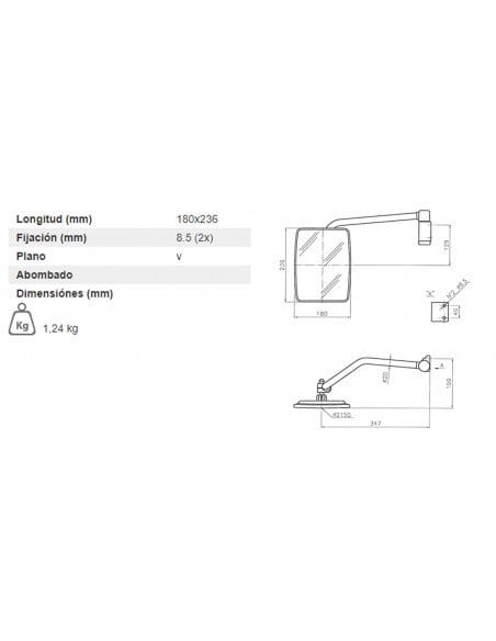 Espejo retrovisor 236 x 180 mm con soporte varilla Ø 20 mm plano derecho