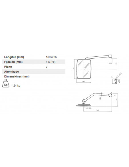 Espejo retrovisor 236 x 180 mm con soporte varilla Ø 20 mm plano izquierdo