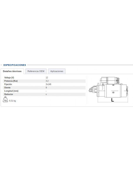 MOTOR DE ARRANQUE CON REDUCTOR 12V - 3,2 Kw