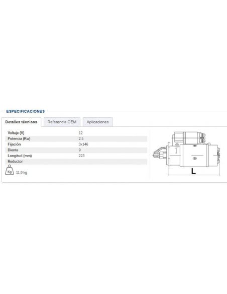 MOTOR DE ARRANQUE 12V - 2,5 KW