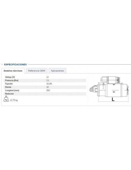 MOTOR DE ARRANQUE 12V - 3,1 KW
