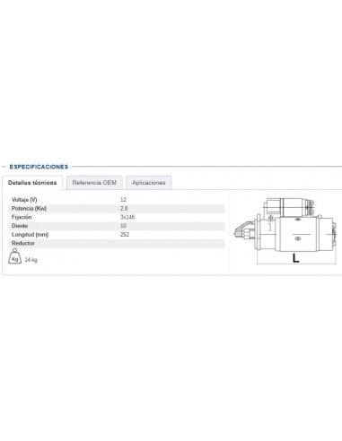 MOTOR DE ARRANQUE DERECHA 12V - 2,8 KW