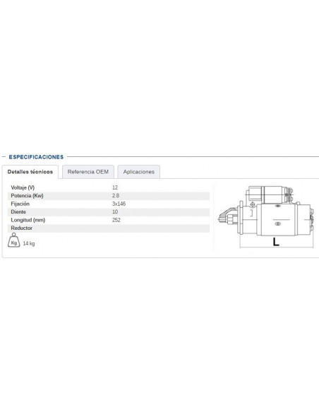 MOTOR DE ARRANQUE DERECHA 12V - 2,8 KW
