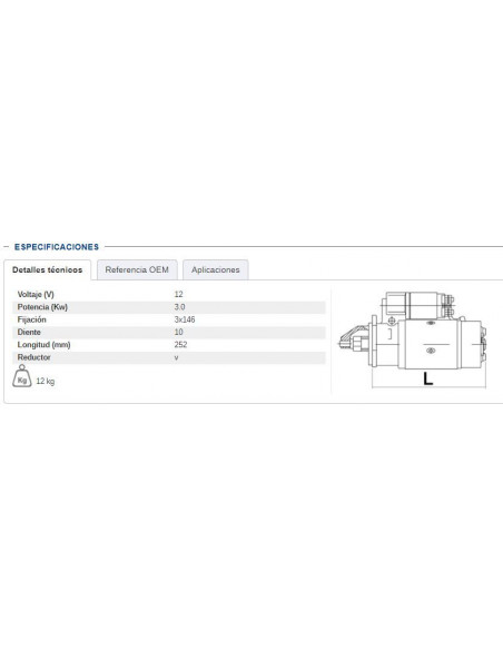 MOTOR DE ARRANQUE CON REDUCTOR 12V - 3,0 KW