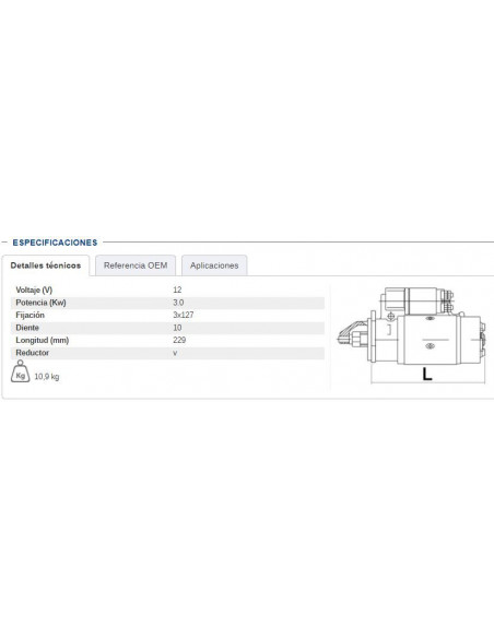 MOTOR DE ARRANQUE CON REDUCTOR 12V - 3,0 KW