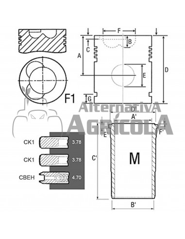 Juego camisa, pistón y segmentos Ø 116 mm John Deere AR100646