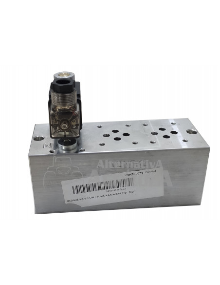BLOQUE ALUMINIO CETOP 3 NG6 CON LIMITADORA TOMA MANOMETRO-VENTING VOLTAJE 24 DC