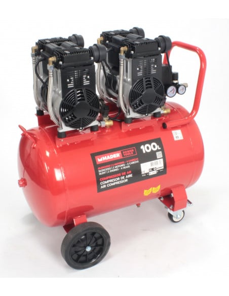 Compresor de aire Monoblock 100L 6CV 4 cabezales 2 motores silenciosos Mader