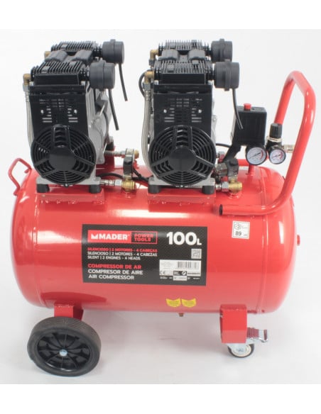 Compresor de aire Monoblock 100L 6CV 4 cabezales 2 motores silenciosos Mader
