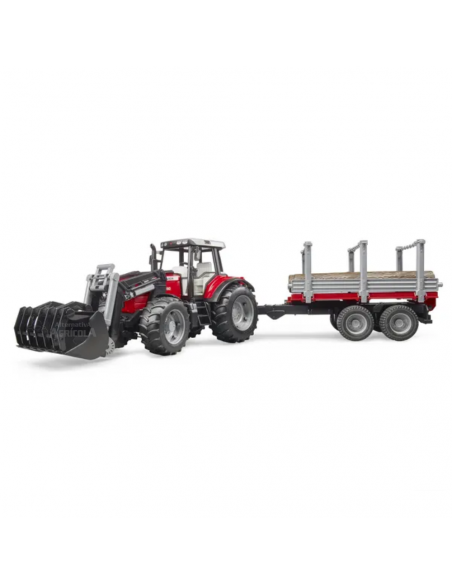 Tractor de juguete Massey Ferguson 7480 con cargador y remolque de madera escala 1:16