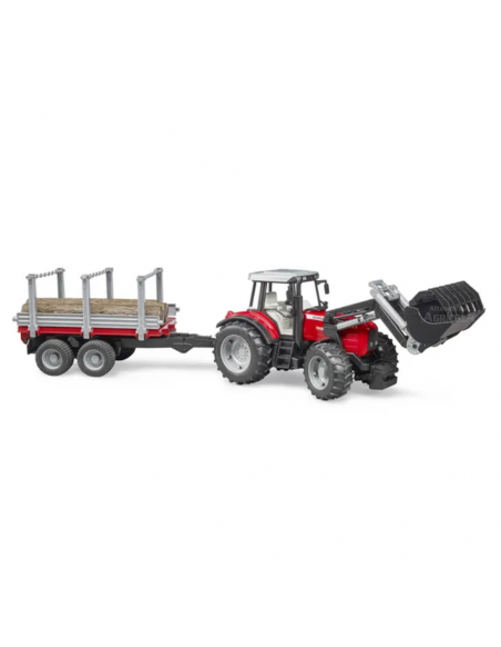Tractor de juguete Massey Ferguson 7480 con cargador y remolque de madera escala 1:16