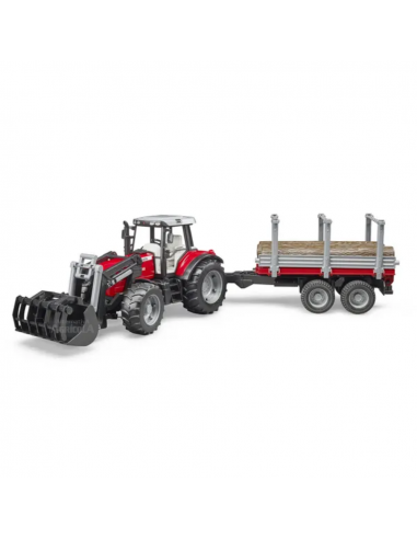 Tractor de juguete Massey Ferguson 7480 con cargador y remolque de madera escala 1:16
