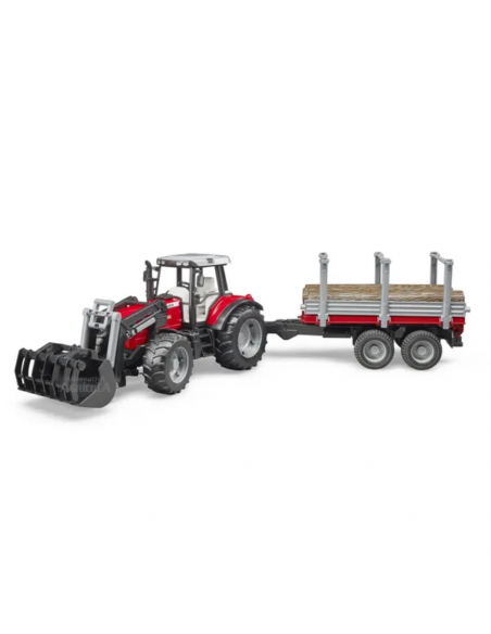 Tractor de juguete Massey Ferguson 7480 con cargador y remolque de madera escala 1:16