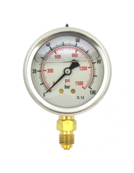 Manómetro de glicerina INOX de Ø 63 mm 0-100 Bar rosca 1/4".