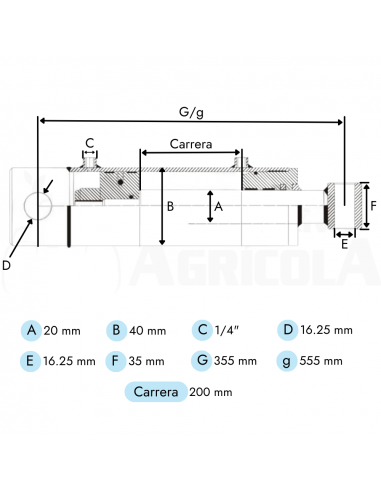 Cilindro hidráulico Doble Efecto Vástago Ø20 Camisa Ø40 Longitud Cerrado 355mm Carrera 200