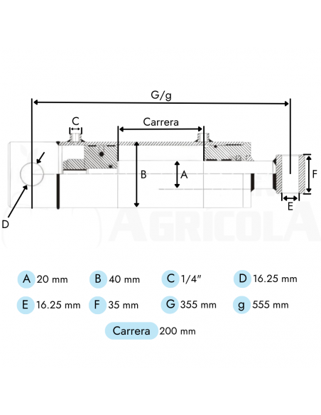 Cilindro hidráulico Doble Efecto Vástago Ø20 Camisa Ø40 Longitud Cerrado 355mm Carrera 200