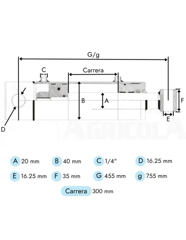 Cilindro hidráulico Doble Efecto Vástago Ø20 Camisa Ø40 Longitud Cerrado 455mm Carrera 300