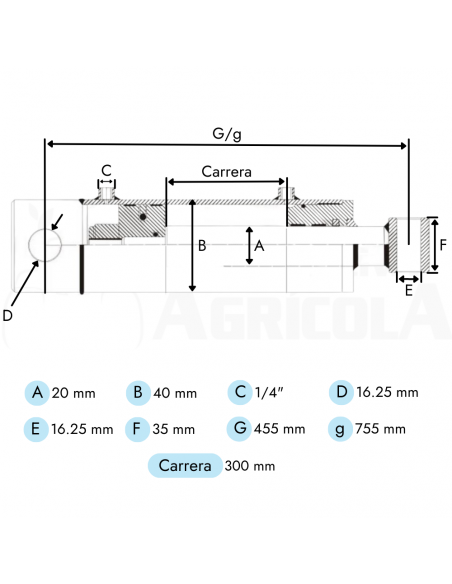 Cilindro hidráulico Doble Efecto Vástago Ø20 Camisa Ø40 Longitud Cerrado 455mm Carrera 300