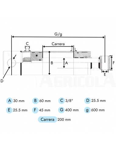 Cilindro hidráulico Doble Efecto Vástago Ø30 Camisa Ø60 Longitud Cerrado 400mm Carrera 200