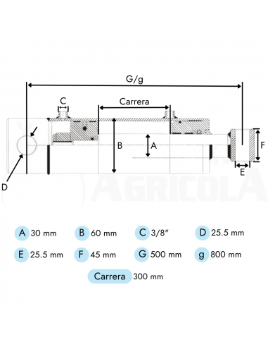 Cilindro hidráulico Doble Efecto Vástago Ø30 Camisa Ø60 Longitud Cerrado 500mm Carrera 300