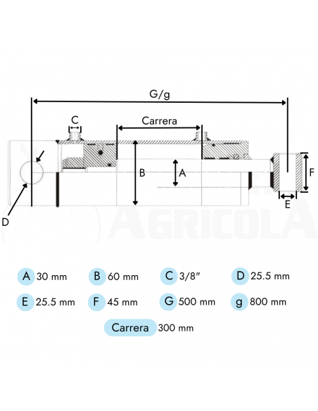 Cilindro hidráulico Doble Efecto Vástago Ø30 Camisa Ø60 Longitud Cerrado 500mm Carrera 300