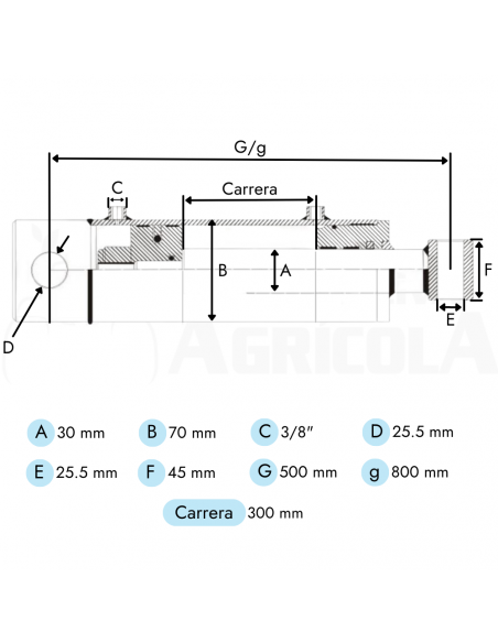 Cilindro hidráulico Doble Efecto Vástago Ø30 Camisa Ø70 Longitud Cerrado 500mm Carrera 300