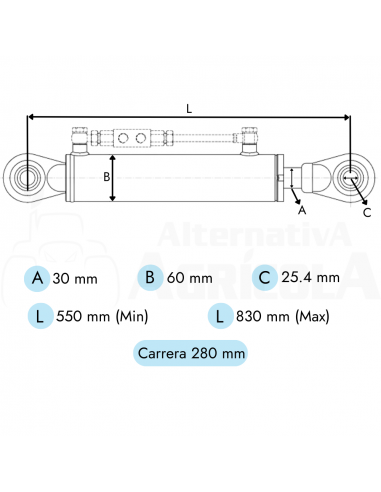 Tercer punto hidráulico 30 - 50/60 - 280 mm rótulas fijas Ø 25.4