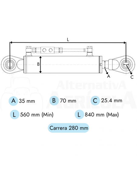 Tercer Punto Hidráulico Rótulas fijas Ø25.4 Vástago Ø35 Longitud 560 y Carrera 280