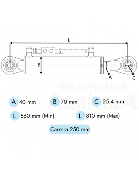 Tercer punto hidráulico 40 - 60/70 - 250 mm rótula fija - regulable Ø 25.4