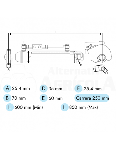 Tercer punto hidráulico 35 - 60/70 - 250 mm enganche rápido - rótula fija