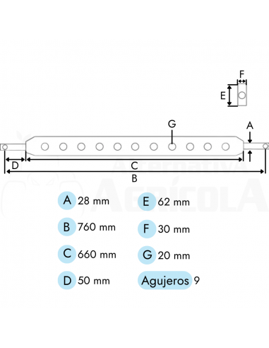 Barra de tiro rectangular cat.2 L 760 mm 9 agujeros