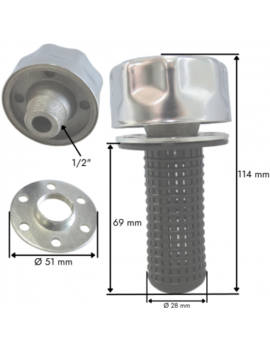 Tapón metálico rosca 1/2" con filtro cesta para depósitos aceite hidráulico
