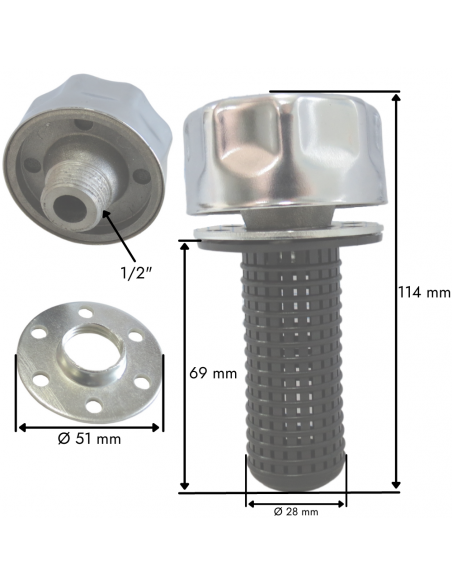 Tapón metálico rosca 1/2" con filtro cesta para depósitos aceite hidráulico