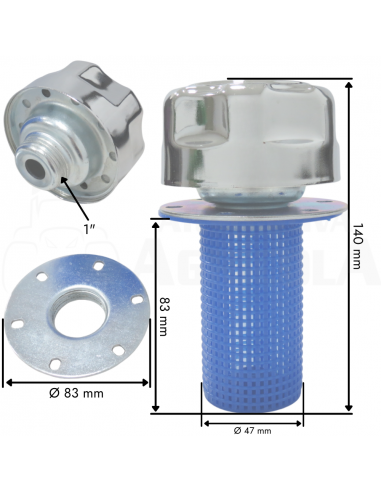 Tapón metálico rosca 1/2" con filtro cesta para depósitos aceite hidráulico