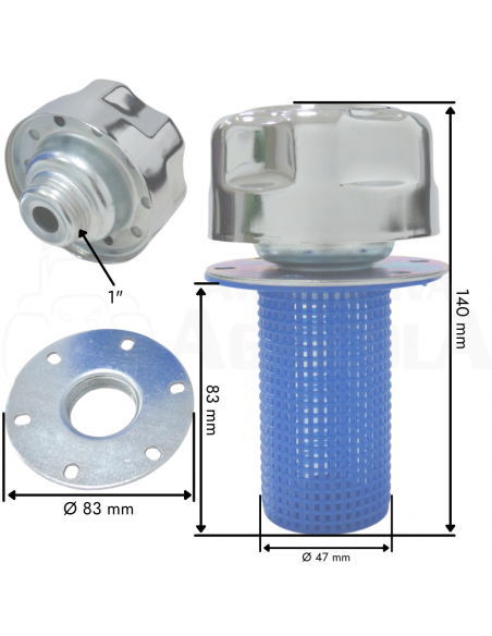 Tapón metálico rosca 1/2" con filtro cesta para depósitos aceite hidráulico