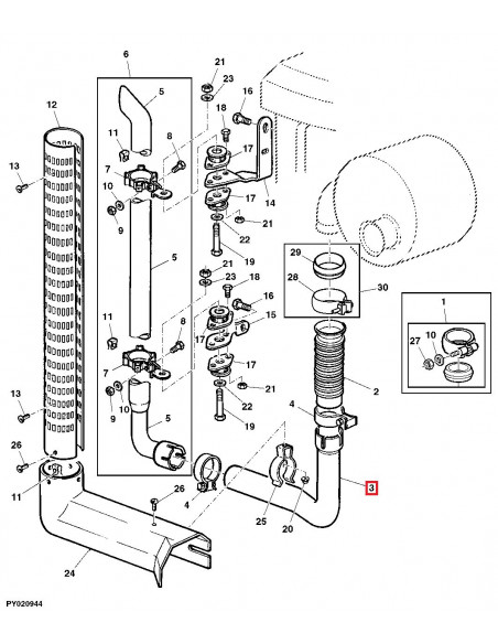 Codo de Escape del Silencioso al Tubo de Escape Tractores John Deere 6510, 6610, 6810 y 6910 con Escape Deluxe