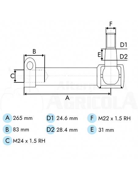 Rótula dirección derecha tractores John Deere sin brida largo 260 mm